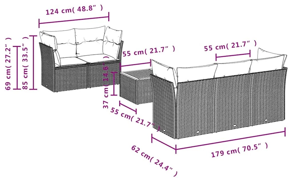 6 pcs conjunto sofás p/ jardim c/ almofadões vime PE cinzento