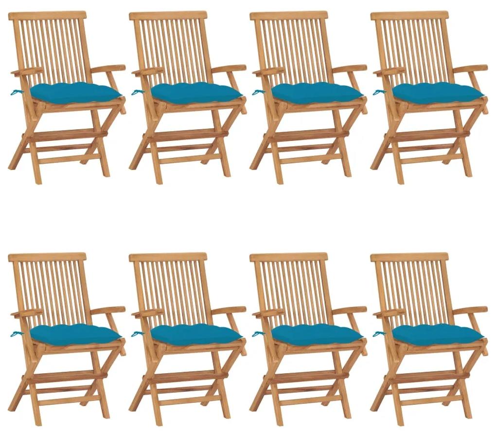 Cadeiras de jardim c/ almofadões azuis-claros 8 pcs teca maciça