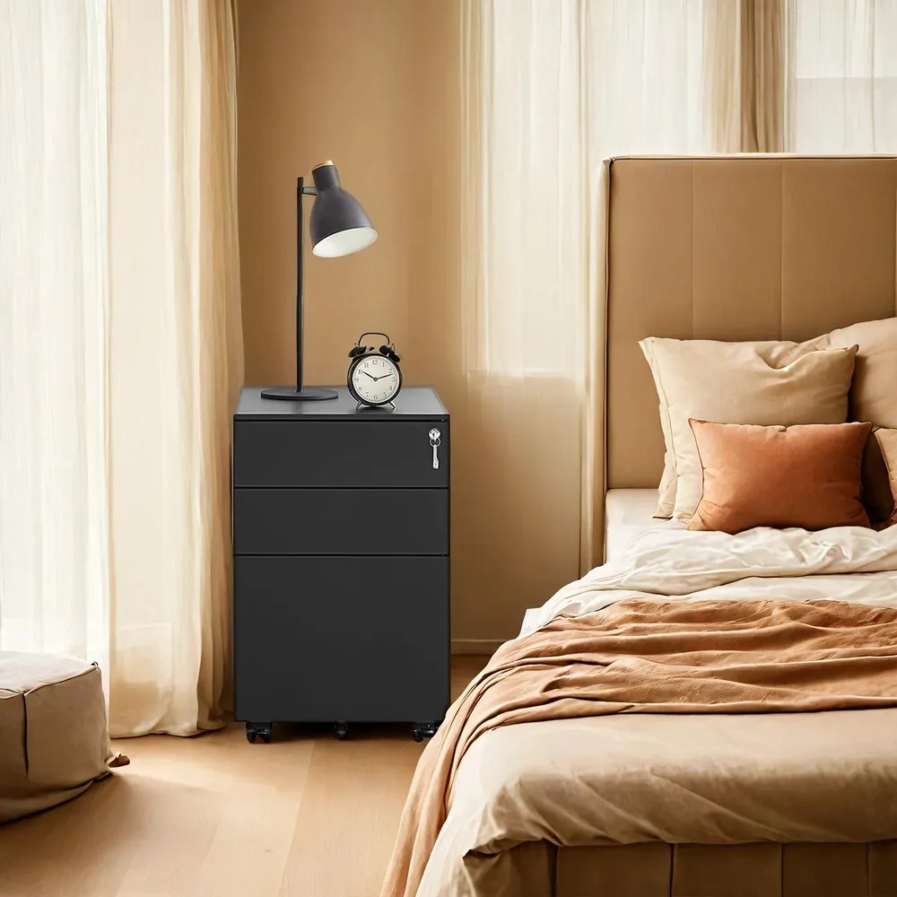 Bloco gavetas escritório com rodas com 3 gavetas 52 x 39 x 60 cm preto