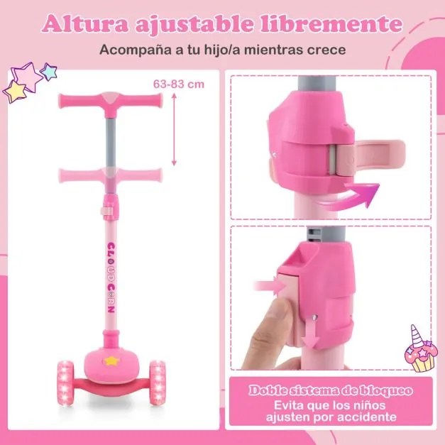 Trotinete Dobrável para Crianças 37-60 Meses com Rodas PU Luz LED Travão Traseiro Inclinação Direção Guiador Ajustável Púrpura