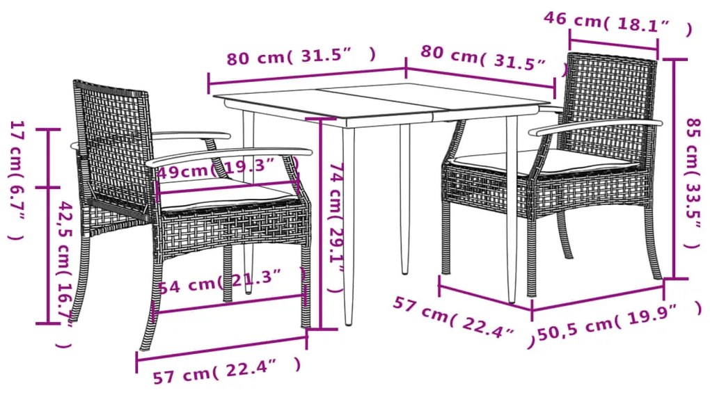 3 pcs conjunto de jantar p/ jardim c/ almofadões vime PE cinza