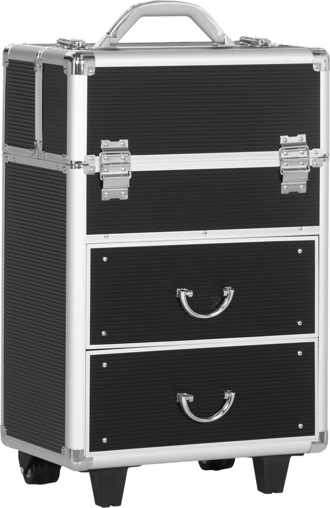 Mala de Maquilhagem Professional com Rodas 6 Gavetas Extensíveis Fechadura 2 Chaves e Alça Retrátil 36x23x58cm Preto