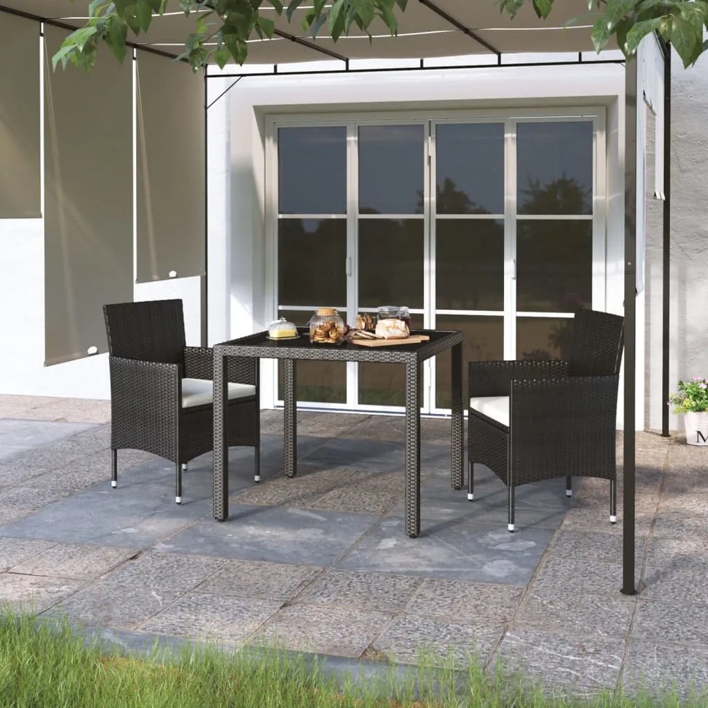 vidaXL 3 pcs conjunto jantar p/ jardim vime PE e vidro temperado preto