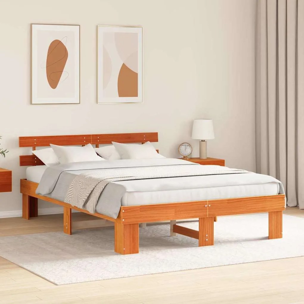Estrado de Cama com Cabeceira Castanho 160x200 cm Madeira Sólida de Pi
