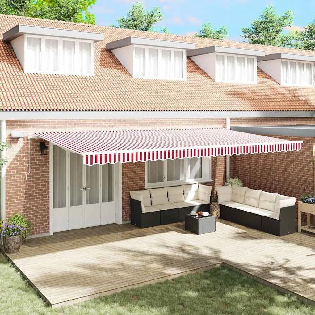 vidaXL Toldo Retrátil Vermelho e Branco 600 × 350 cm Tecido e Aço