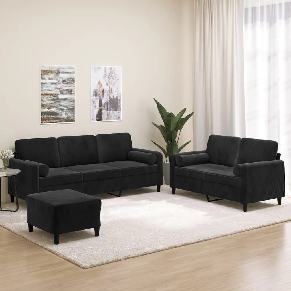 vidaXL 3 pcs conjunto sofás c/ almofadas/almofadões veludo preto