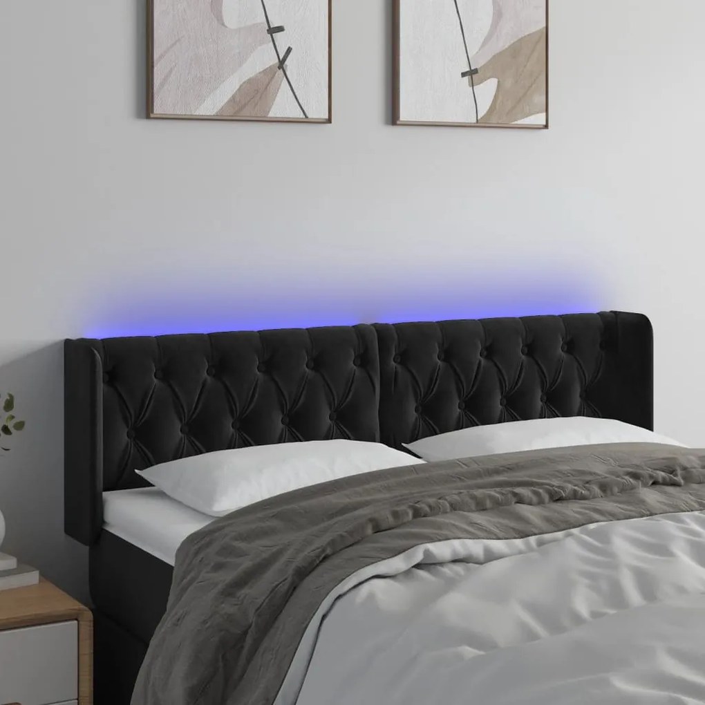Cabeceira de cama c/ luzes LED veludo 163x16x78/88 cm preto