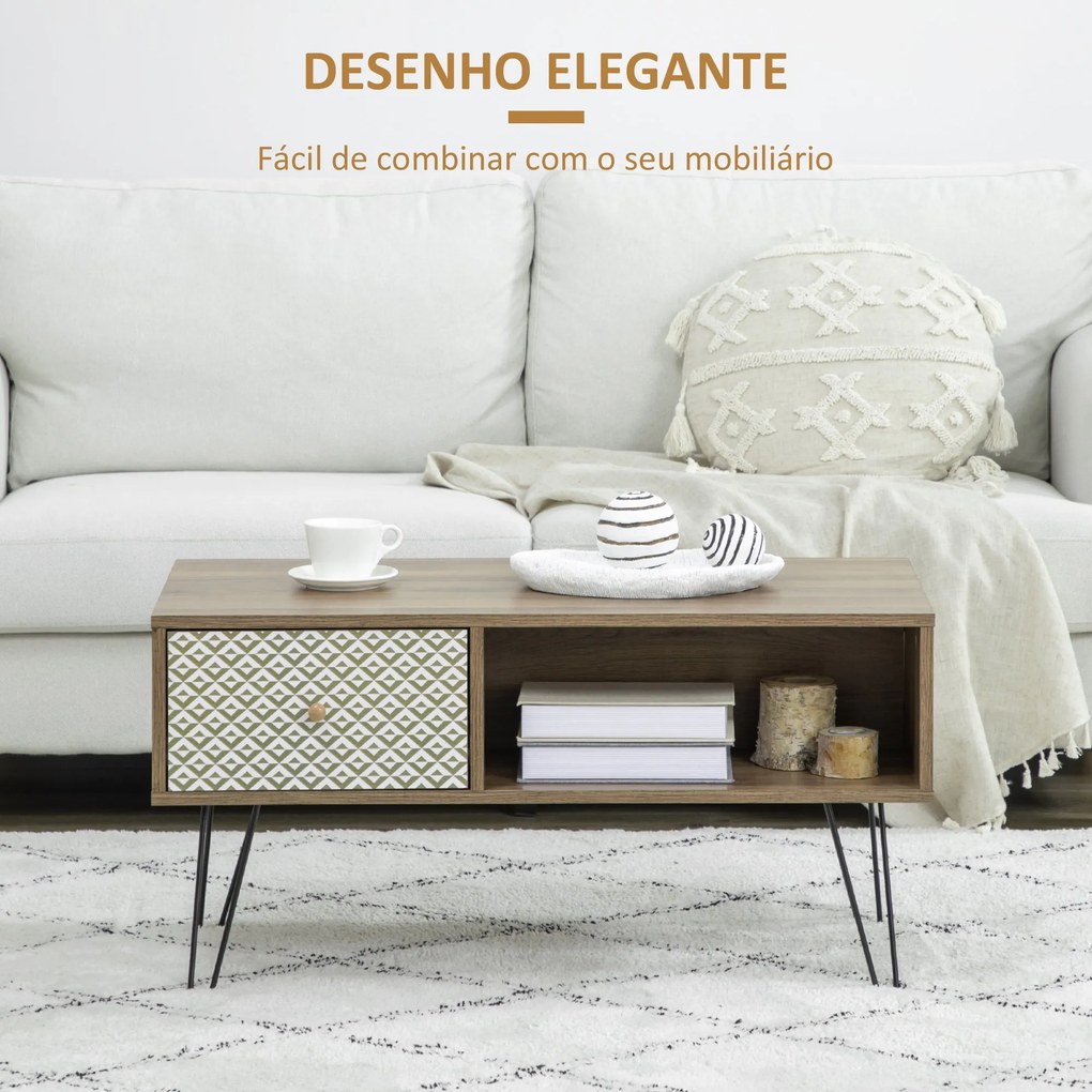 Mesa de Centro Estilo Boho Mesa de Sala de Estar com Gaveta Compartimento de Armazenamento e Pés de Metal Elevados para Escritório Estúdio 60x45x46cm