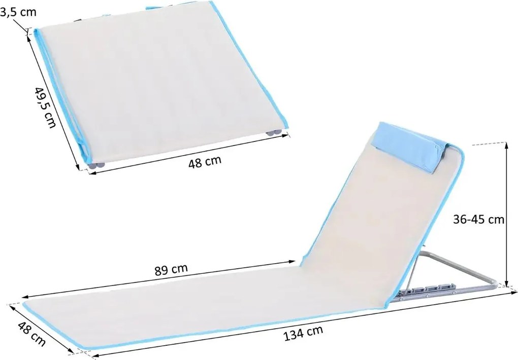 Conjunto de 2 Esteiras de Praia com Encosto Reclinável em 5 Níveis Bolsa de Transporte e Apoio de Cabeça 48x134x36-45 cm Branco Creme
