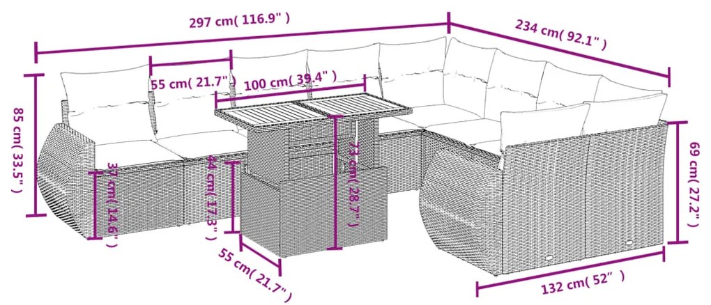 10 pcs conjunto sofás de jardim c/ almofadões vime PE preto