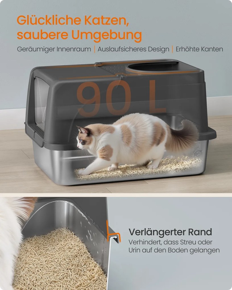 Caixa de areia em aço inoxidável com pá e escova para gatos grandes 61 x 41 x 36,5 cm Preto