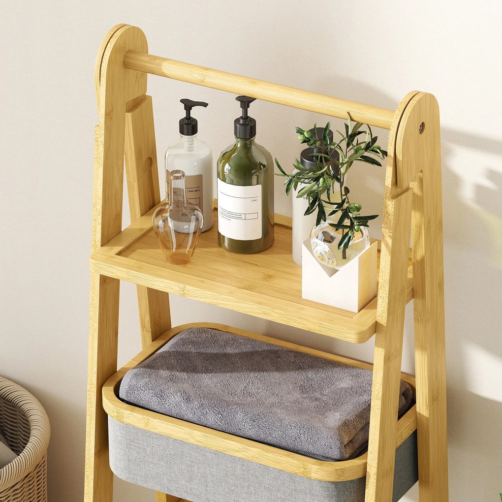 Estante Dobrável para Casa de Banho de Bambu com 2 Cestos para Roupa Suja Estante Aberto 44,5x32x99 cm Cinzento