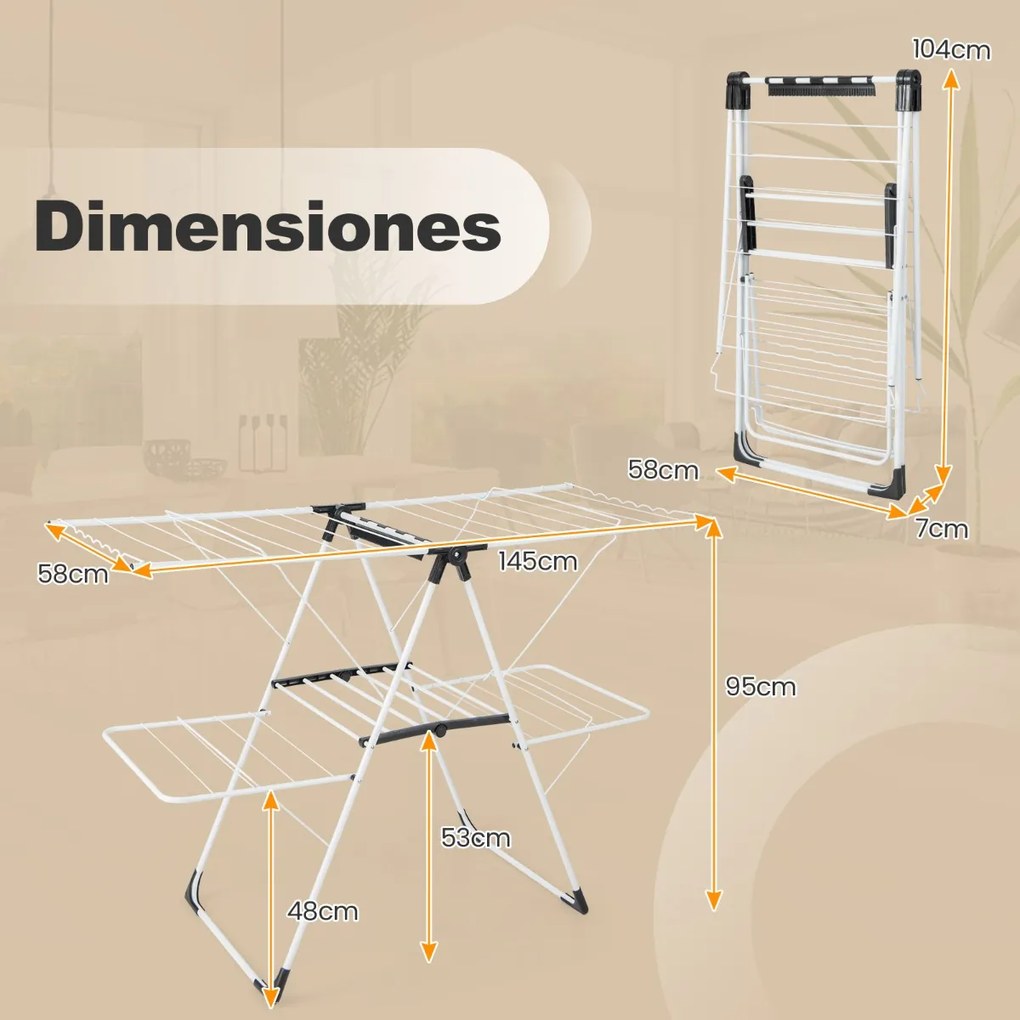 Estendal de roupa dobrável de 2 níveis com asas ajustáveis em altura 33 calhas de secagem e suporte para meias