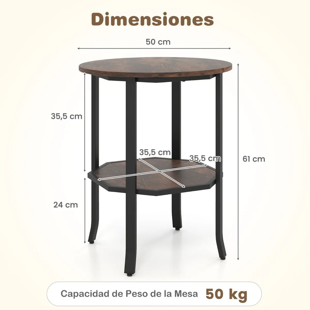 Mesa apoio, ou mesa de cabeçeira Redonda 50 x 50 x 61 cm de 2 Níveis com Estrutura Metálica Resistente Castanho