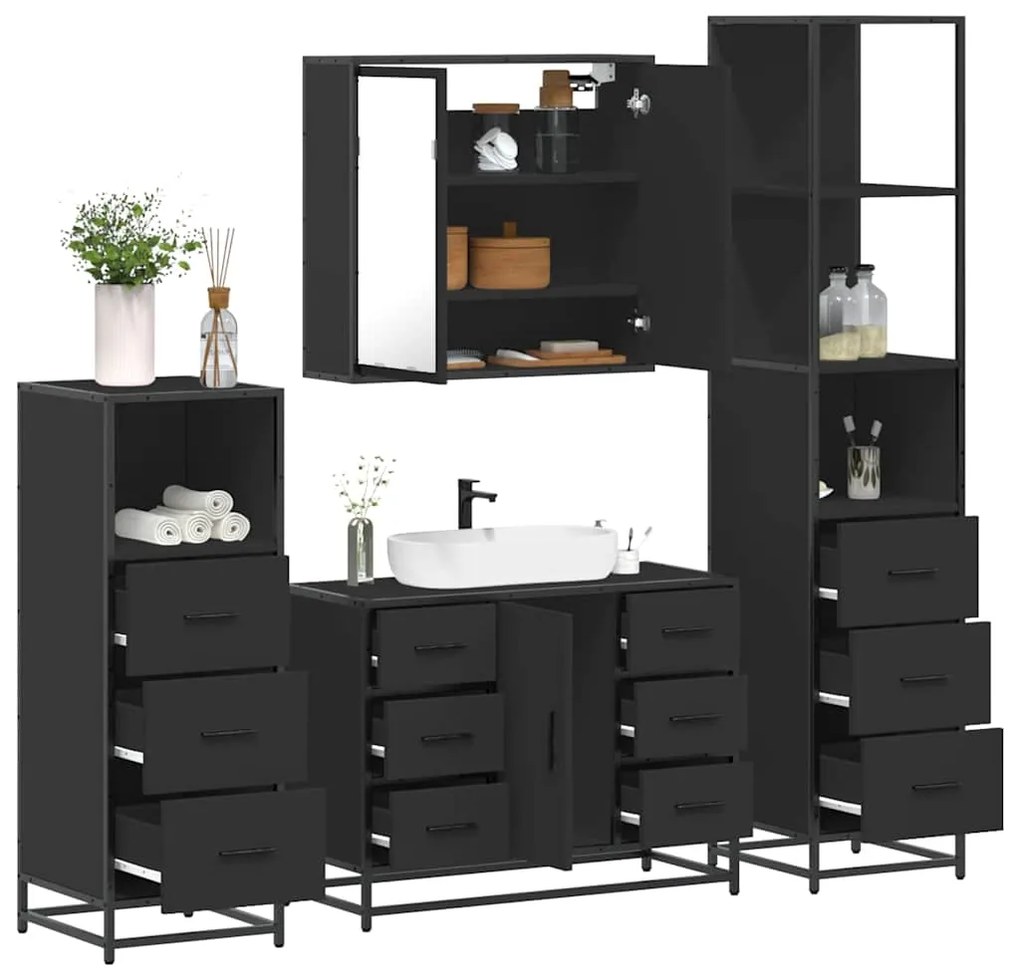 vidaXL 4 pcs conjunto móveis casa de banho derivados de madeira preto