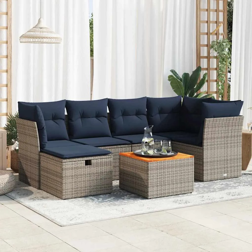 7 pcs conjunto sofás p/ jardim c/ almofadões vime PE cinzento