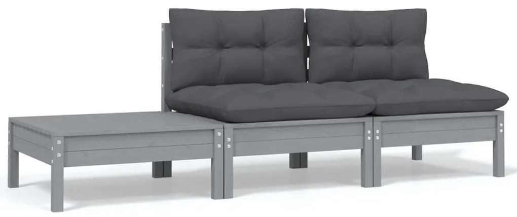 806684 vidaXL 3 pcs conj. lounge jardim c/ almofadões pinho maciço cinzento