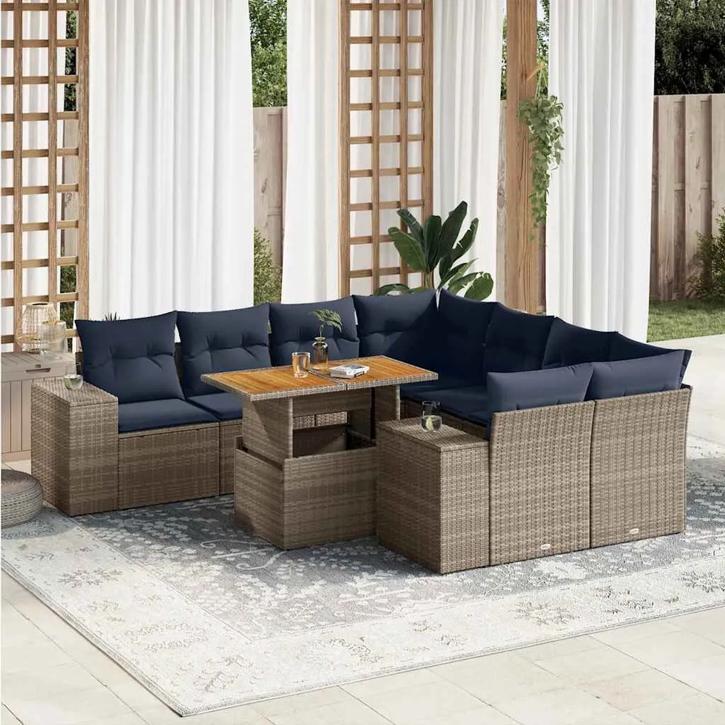9 pcs conjunto sofás p/ jardim com almofadões vime PE cinzento