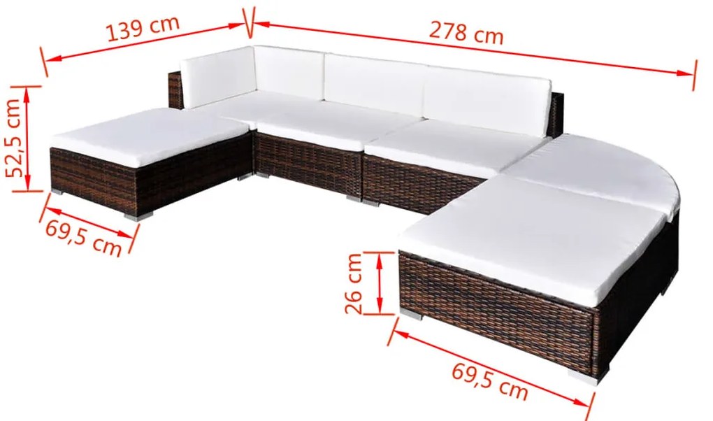 6 pcs conjunto lounge jardim c/ almofadões vime PE castanho