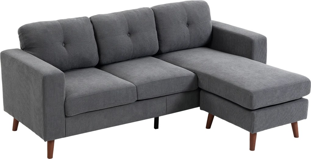 HOMCOM Sofá de canto 192 cm em L 3 lugares com chaise longue reversível, aspeto cotelê, para espaços pequenos, Cinza escuro | Aosom Portugal