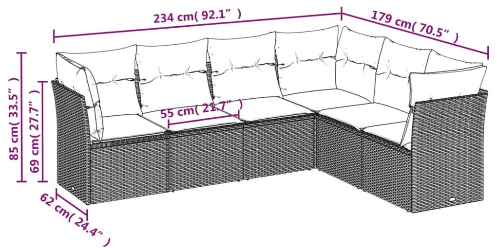 6 pcs conjunto de sofás p/ jardim com almofadões vime PE bege
