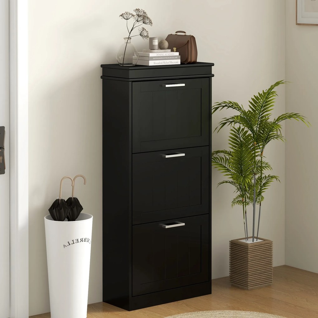 Sapateira armário com 3 portas basculantes para 15 pares, prateleiras ajustáveis, 54 x 24 x 117,5 cm, preto