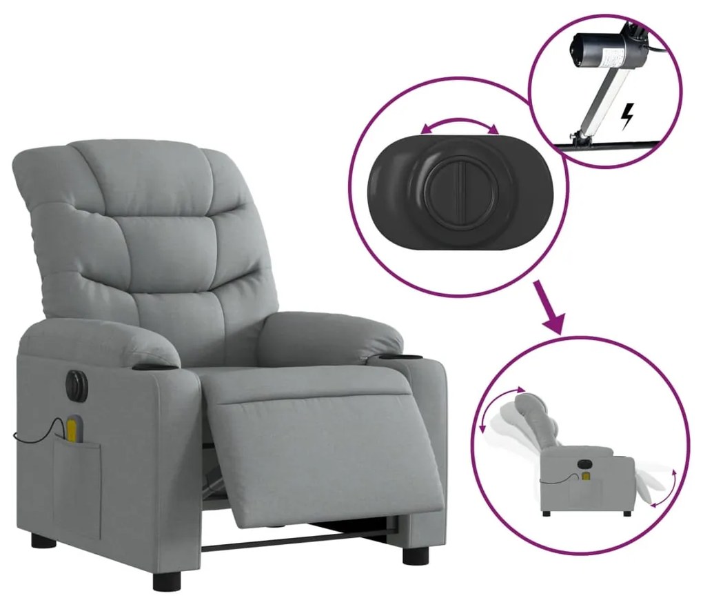Poltrona de massagens reclinável elétrica tecido cinzento-claro