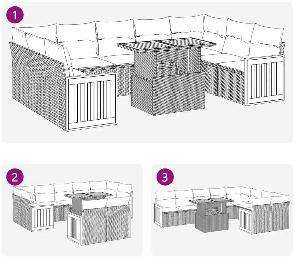 10 pcs conjunto sofás jardim almofadões vime PE/acácia cinzento