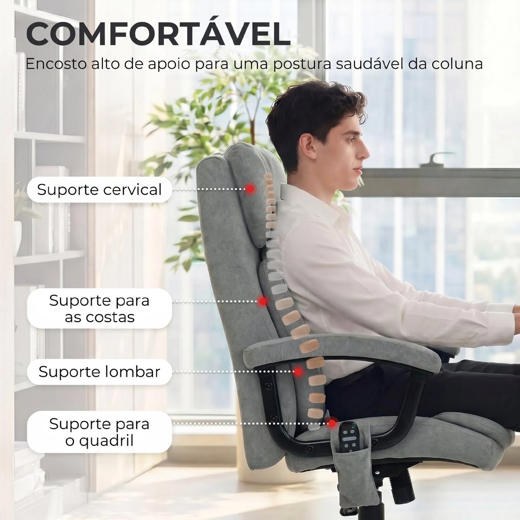 Cadeira de Escritório com Massagem de Amassamento em 4 Pontos Encosto Alto Altura Ajustável Assento Amplo Almofada Lombar Cinzento
