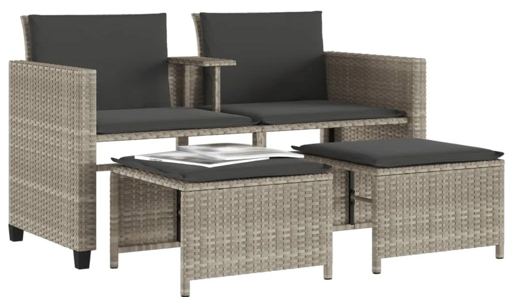 Sofá de jardim 2 lugares com mesa e bancos vime PE cinza-claro