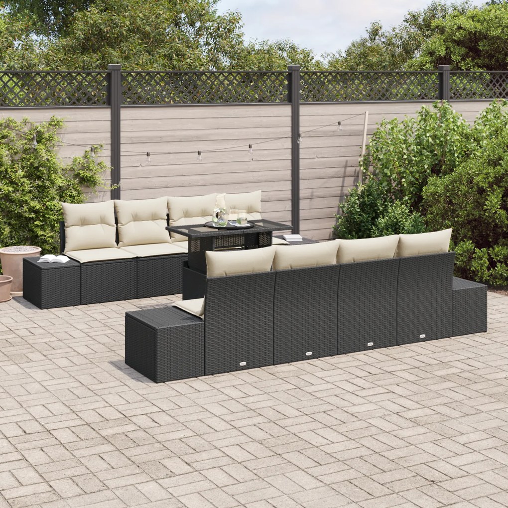 Conjunto de Sofá de Jardim 7 Peças com Almofadas Preto Rattan