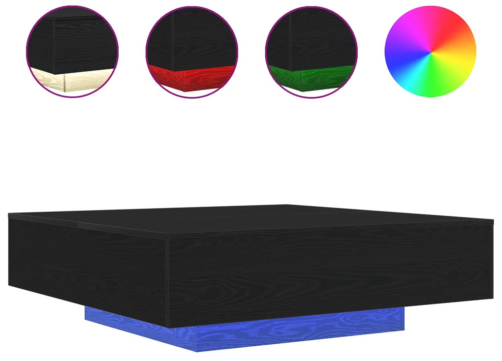 Mesa de Café vidaXL com Luzes LED Carvalho Preto 100x100x31 cm