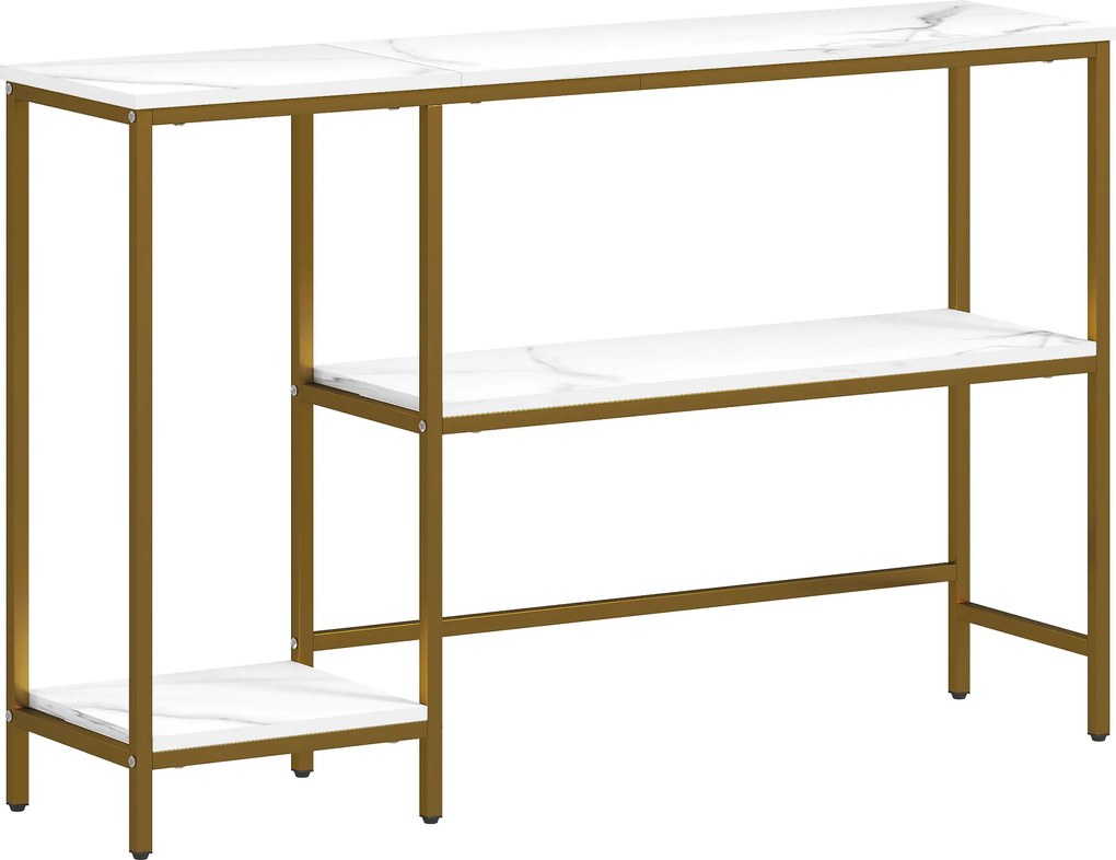 HOMCOM Consola móvel 120 cm, mesa consola 3 níveis com prateleiras de arrumação, tampos efeito mármore, branco e dourado | Aosom Portugal
