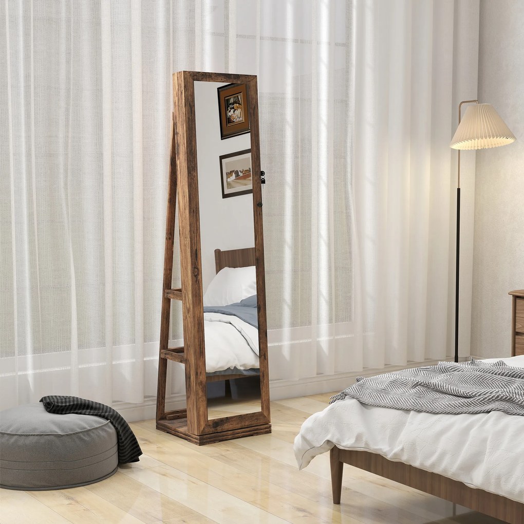 Joalheiro de Pé Armário para Jóias 360° com Fechadura e Espelho Incorporado Carga Máxima 20 kg 38x38x160 cm Castanho Rústico