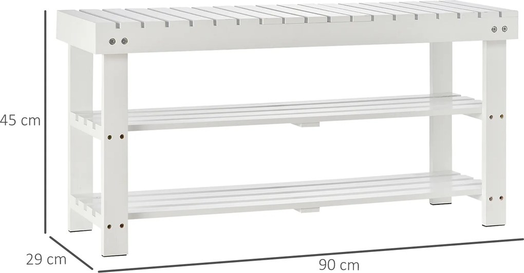 Banco para sapatos em madeira com 3 níveis, prateleira de arrumação e compartimento oculto, 90 x 29 x 45 cm, branco