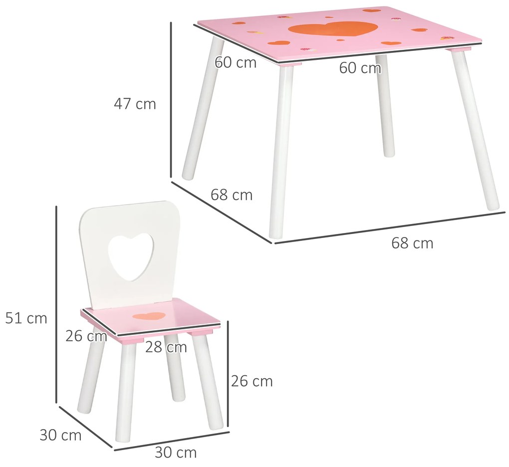 ZONEKIZ Conjunto de Mesa e 2 Cadeiras Infantil de Madeira Mesa Infantil para Crianças Acima de 18 Meses para Sala de Estar Brinquedoteca Dormitório 68x68x47cm e 30x30x51cm Rosa