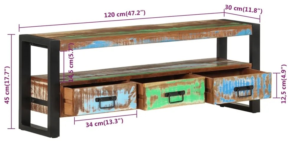 Móvel de TV 120x30x45 cm madeira recuperada maciça
