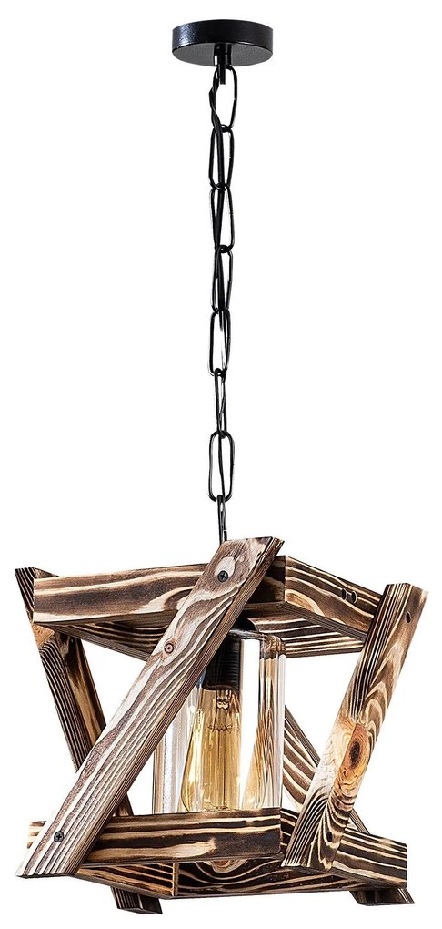 Candeeiro Suspenso Erebos – Preto e Madeira – 25 x 25 cm