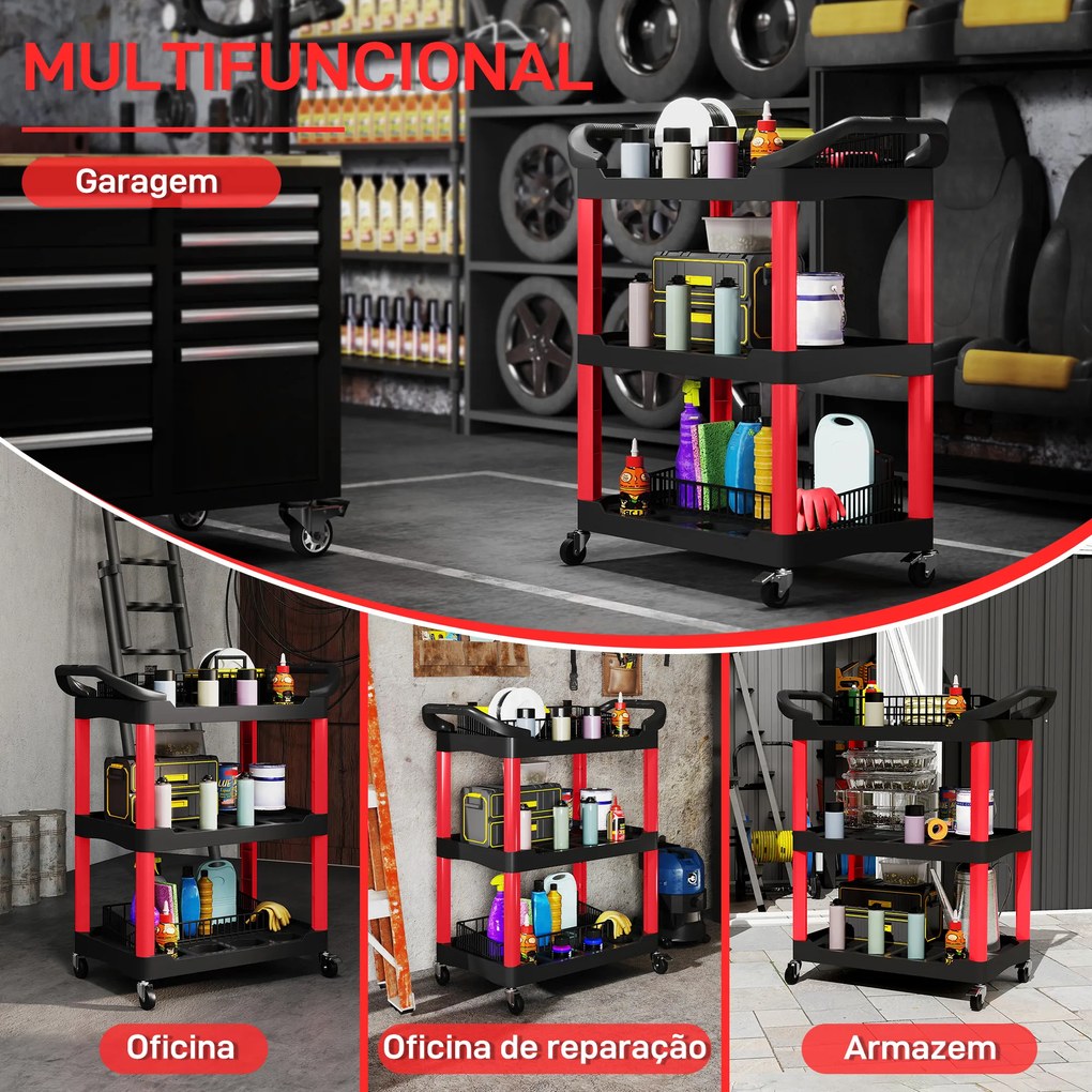 Carro de Oficina  de Ferramentas com 3 Prateleiras Rodas e Pegas para Garagem Oficina Casa 83x43x97 cm Vermelho e Preto
