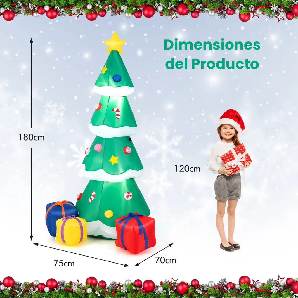 Árvore de Natal insuflável de 180 cm com 3 caixas de presente Luzes LED Saco de areia e estacas Decoração auto-insuflável para casa e jardim