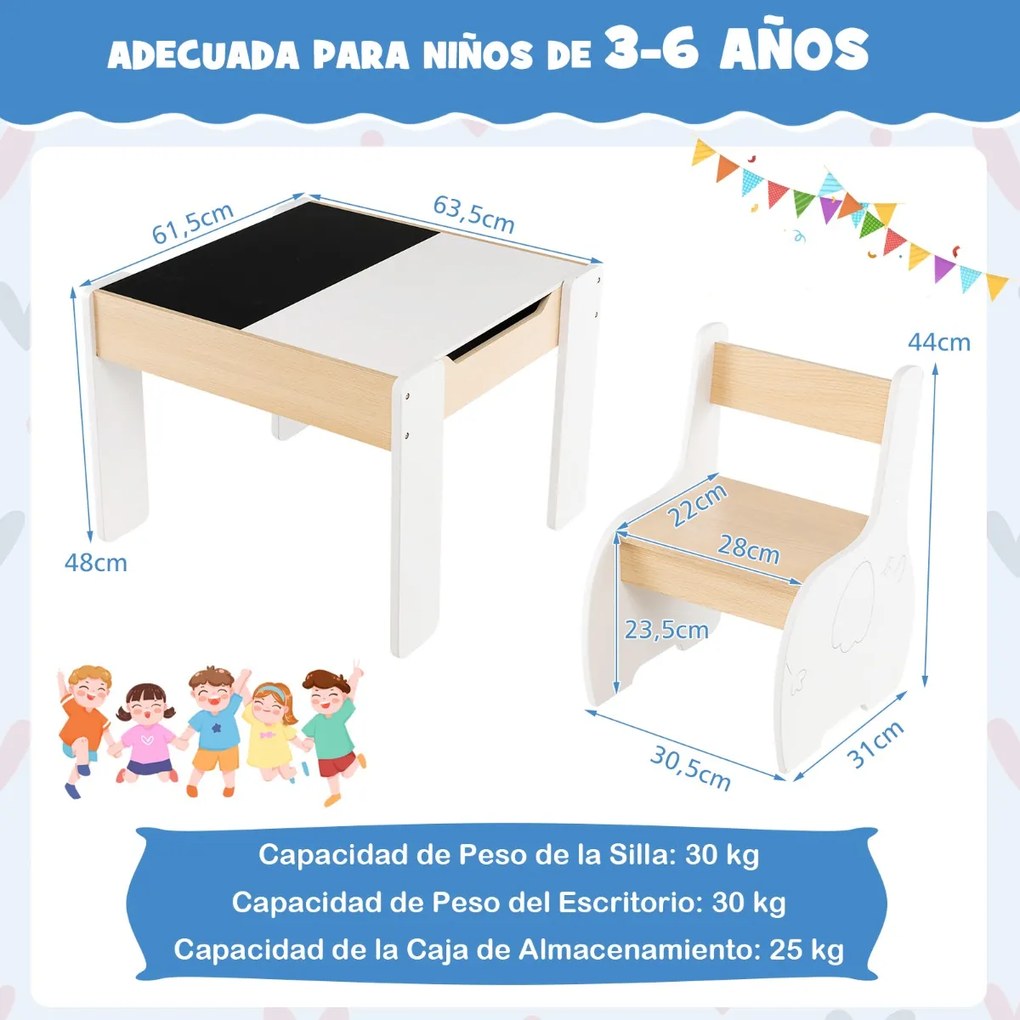 Conjunto de mesa infantil e 2 cadeiras 4 em 1, mesa de atividades de madeira para desenho artístico, leitura, quadro branco removível Branca