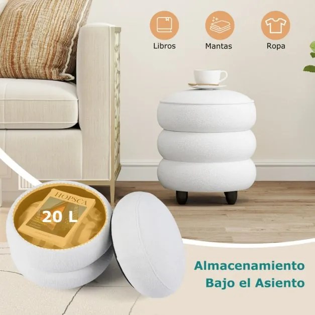Pufe Redondo Moderna de Chenille com Tampa Removível e com arrumação e Pernas de Madeira de Borracha Versátil Assento Acolchoado Branco