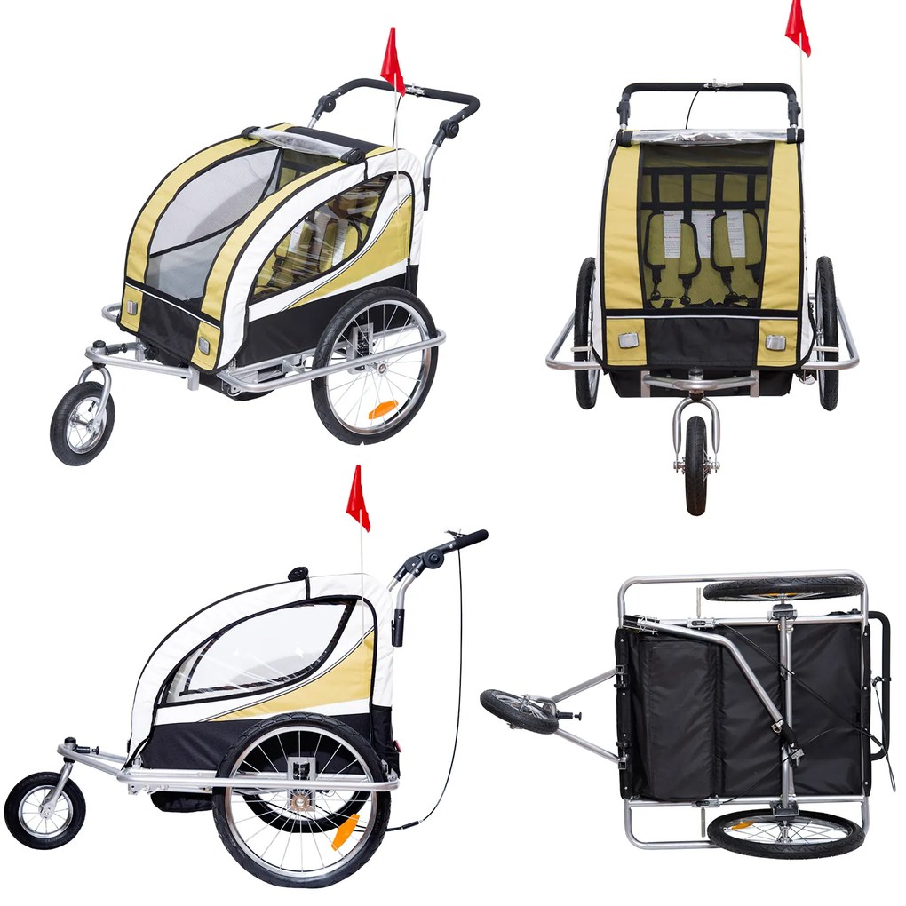 Atrelado para Bicicleta tipo Carro com Barra de Passeio para Crianças, de 2 Lugares, com Roda Dianteira Giratória a 360° e Assento Almofadado