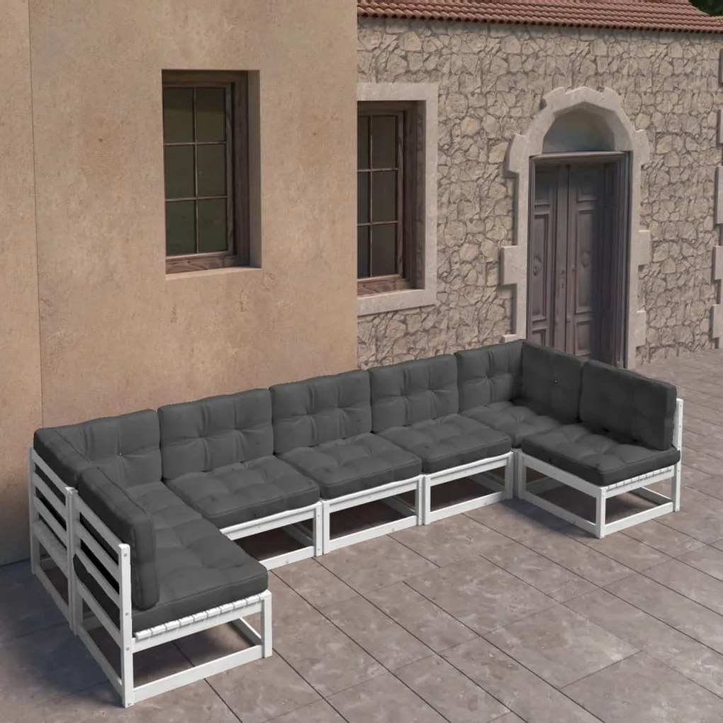 vidaXL 7 pcs conj. lounge de jardim c/ almofadões pinho maciço branco