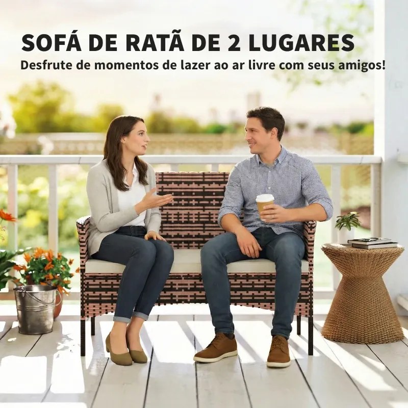 Sofá de Exterior em Rattan de 2 Lugares Sofá de Jardim com Almofada Lavável Estrutura de Aço para Varanda Caqui