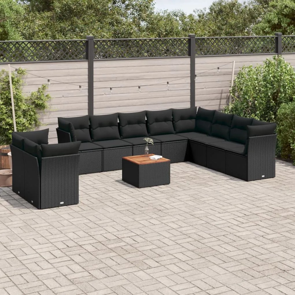 11 pcs conjunto sofás de jardim c/ almofadões vime PE preto
