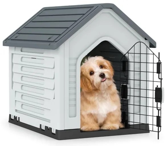 Casa de plástico para cães, acomodação para animais de estimação, com porta de metal com fechadura, aberturas de ventilação e telhado inclinado verde