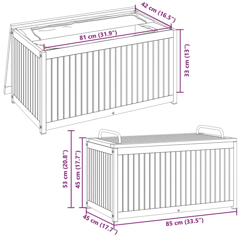 Caixa p/ almofadões de exterior 85x45x45/53cm acácia maciça/aço