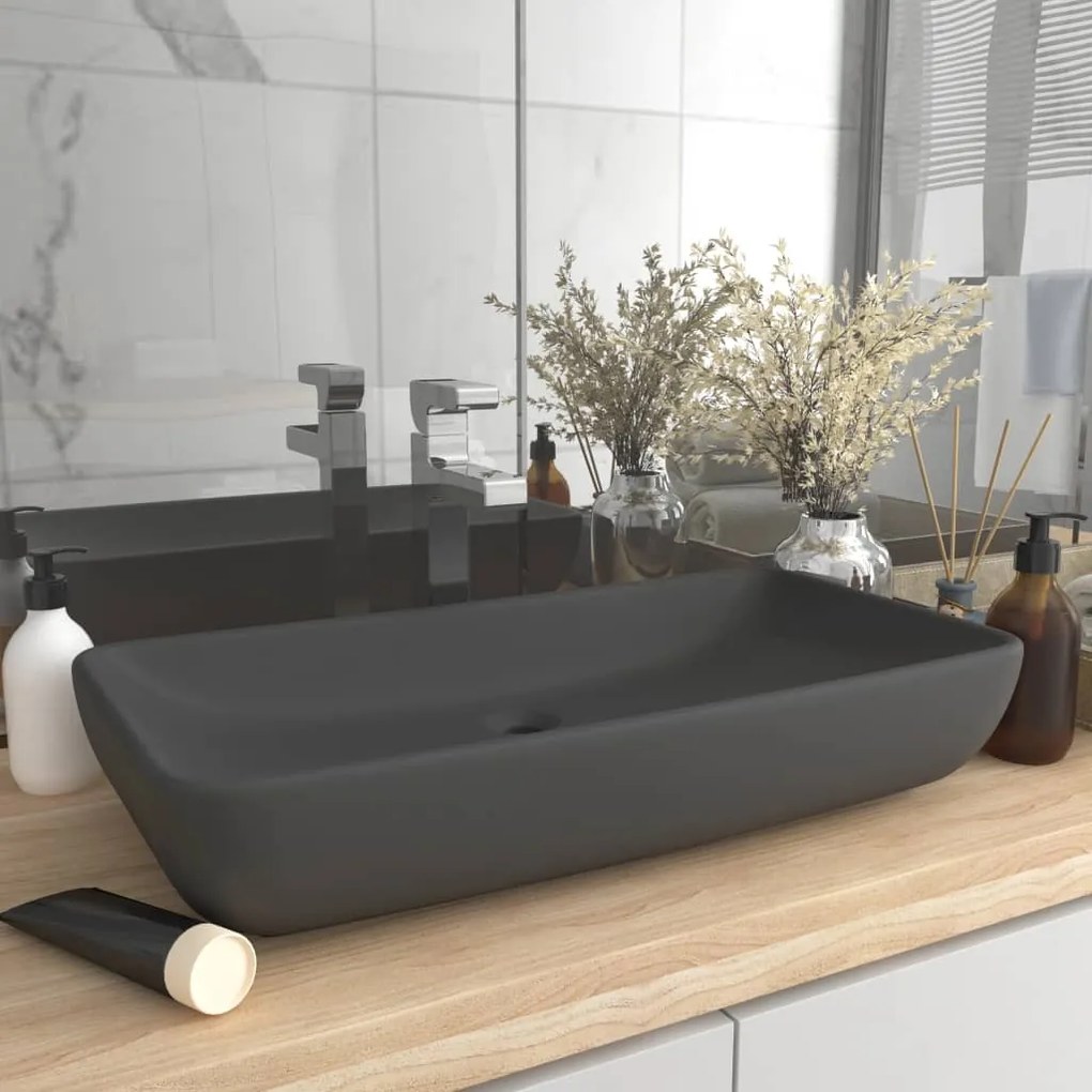 Lavatório luxuoso retangular 71x38cm cerâmica cinza-escuro mate