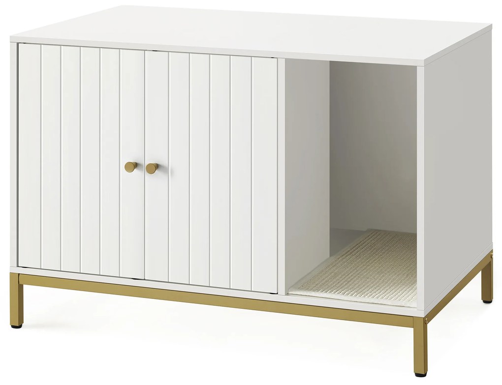 Caixa de areia para gatos Feandrea, móvel oculto para caixa de areia com tapete arranhador, pernas altas, casinha para gatos, mesa lateral, 80 x 50 x 55 cm, branco e dourado PCL007W01V1